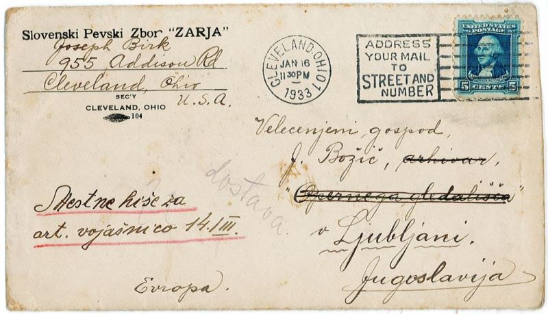 Še pogled v obdobje med obema vojnama: Clevelandska »Zarja«, pevsko društvo, ustanovljeno leta 1916, je že od začetka tudi v mednarodnem prometu poslovalo v slovenščini. To dokazuje tudi pismo s tiskano 'glavo', odposlano leta 1933. Foto: Arhiv avtorja