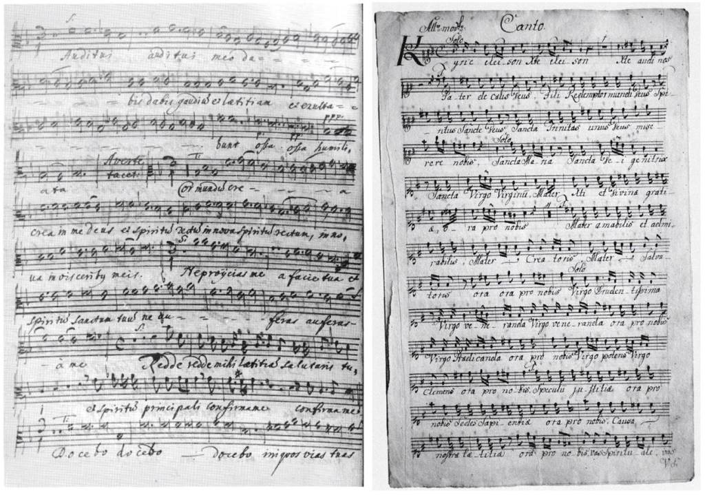 Janez Krstnik Dolar (1621–1673), Miserere mei Deus in [F], alt solo (levo); Jakob Frančišek Zupan (1734–1810), Lhythaniae in G, Canto (desno)
