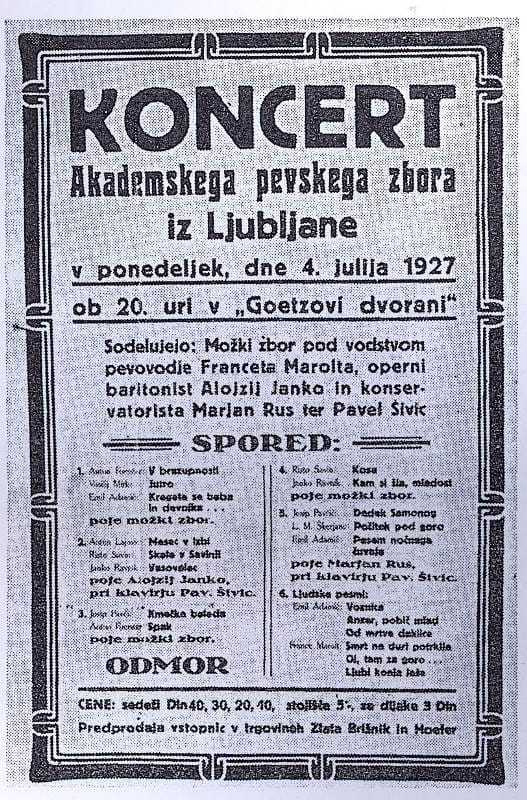 Letak za prvi koncert APZ-ja, ki je potekal 4. julija 1927 v Mariboru Foto: arhiv NUK
