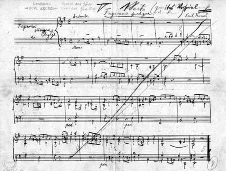 Rokopis Komelove Fugirane predigre, kot ga je skladatelj poslal uredništvu revije Novi akordi Vir: dlib.si 